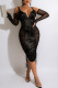 Black Sexy Solid Patchwork See-through Zipper Spaghetti Strap One Step Skirt Dresses