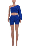 Blue Casual Solid Patchwork Oblique Collar Long Sleeve Two Pieces