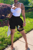 Black Fashion Casual Print Basic Regular High Waist Shorts