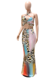 Leopard Print Sexy Leopard Patchwork Halter Sleeveless Two Pieces