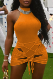 Tangerine Red Sexy Solid Hollowed Out O Neck Sleeveless Two Pieces