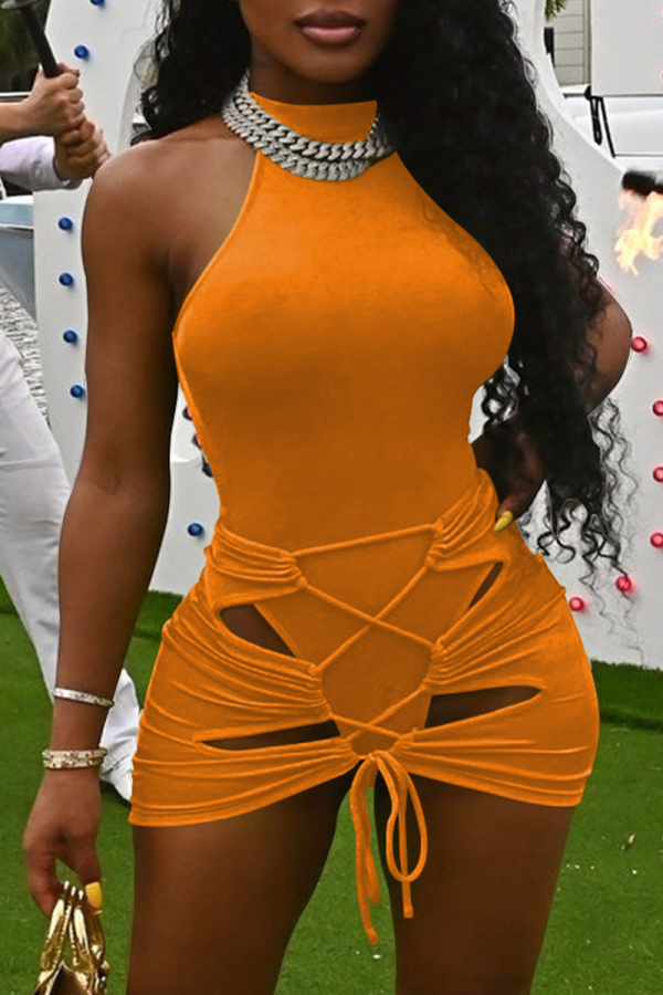 Tangerine Red Sexy Solid Hollowed Out O Neck Sleeveless Two Pieces