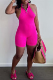 Rose Red Sexy Casual Solid Backless Halter Sleeveless Skinny Romper