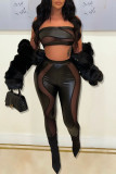 Black Sexy Solid Patchwork See-through Strapless Sleeveless Two Pieces