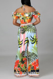 Colour Sweet Print Patchwork Flounce Off the Shoulder Short Sleeve Two Pieces