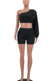 Blue Casual Solid Patchwork Oblique Collar Long Sleeve Two Pieces
