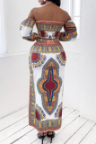 White Sexy Print Patchwork Off the Shoulder Long Sleeve Two Pieces