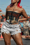 Black Fashion Sexy Print Patchwork Backless Strapless Tops