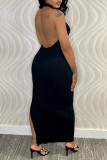 Black Sexy Solid Patchwork Slit V Neck One Step Skirt Dresses