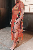 Tangerine Sexy Solid Hollowed Out Patchwork See-through Slit O Neck Straight Dresses