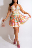 Blue Sexy Print Bandage Patchwork Strapless Sleeveless Two Pieces