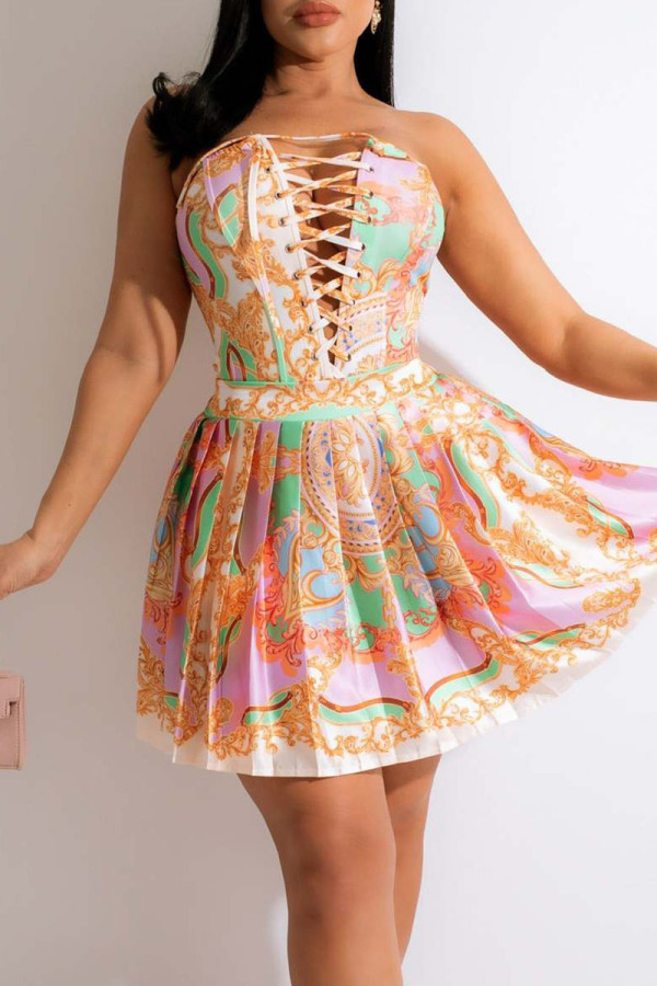 Light Green Sexy Print Bandage Patchwork Strapless Sleeveless Two Pieces