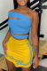 Blue Sexy Print Patchwork One Shoulder Sleeveless Two Pieces