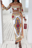 White Sexy Print Patchwork Off the Shoulder Long Sleeve Two Pieces
