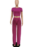 Rose Red Casual Solid Patchwork O Neck Short Sleeve Two Pieces