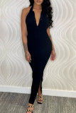 Black Sexy Solid Patchwork Slit V Neck One Step Skirt Dresses