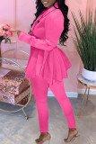 Red Casual Solid Patchwork Fold Asymmetrical Turn-back Collar Long Sleeve Two Pieces