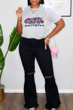 White Fashion Casual Print Basic O Neck T-Shirts