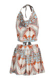 Green Fashion Print Backless Strap Design Halter Sleeveless Two Pieces