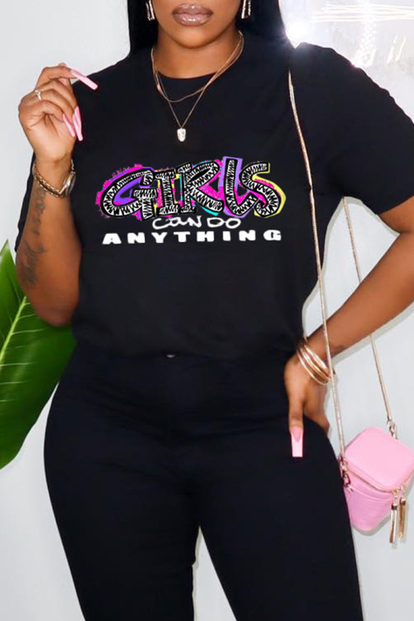 Black Fashion Casual Print Basic O Neck T-Shirts