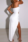 White Sexy Solid Hollowed Out Patchwork Fold Strapless Straight Dresses