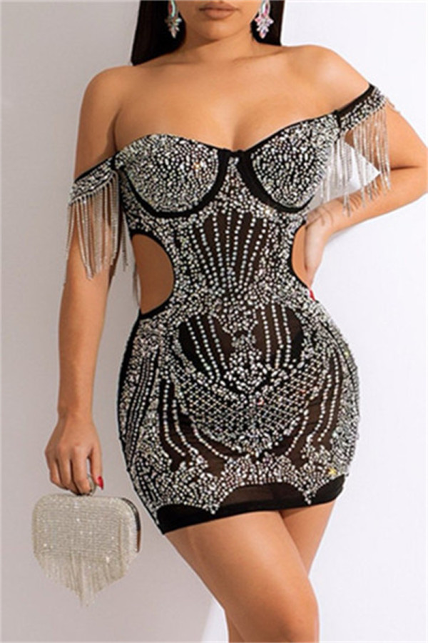 Black Fashion Sexy Patchwork Hot Drilling Hollowed Out Backless Off the Shoulder A Line Dresses