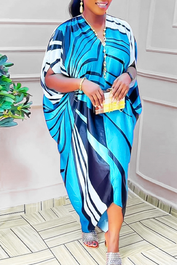 Light Blue Casual Print Patchwork V Neck Straight Dresses