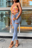 Light Color Sexy Solid Ripped Skinny Mid Waist Pencil Solid Color Bottoms