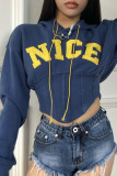 Navy Blue Casual Street Solid Embroidered Bandage Patchwork Asymmetrical Hooded Collar Tops