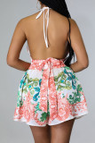 Green Sexy Print Split Joint Backless Halter Sleeveless Two Pieces