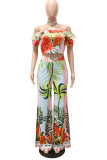 Colour Sweet Print Patchwork Flounce Off the Shoulder Short Sleeve Two Pieces