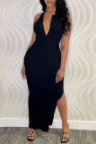 Black Sexy Solid Patchwork Slit V Neck One Step Skirt Dresses