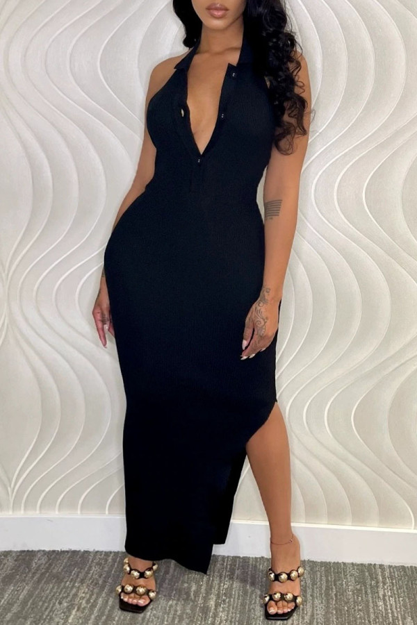Black Sexy Solid Patchwork Slit V Neck One Step Skirt Dresses