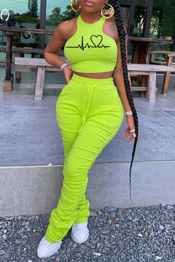 Fluorescent Green Casual Sportswear Print Patchwork Fold O Neck Sleeveless Two Pieces