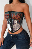 Black Fashion Sexy Print Patchwork Backless Strapless Tops