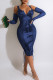 Deep Blue Sexy Solid Patchwork See-through Zipper Spaghetti Strap One Step Skirt Dresses