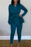 Tibetan Blue Casual Solid Patchwork Fold Asymmetrical Turn-back Collar Long Sleeve Two Pieces