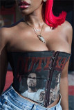 Black Fashion Sexy Print Patchwork Backless Strapless Tops