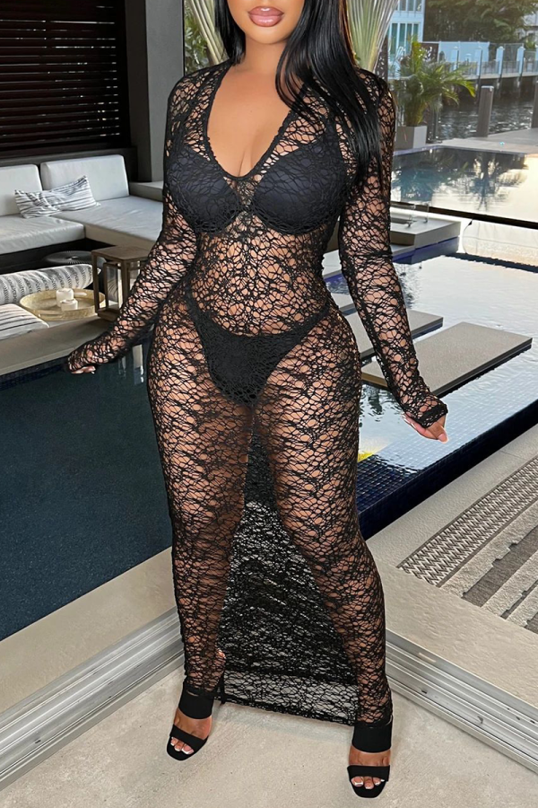 Black Sexy Solid See-through Mesh U Neck Pencil Skirt Dresses