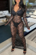Black Sexy Solid See-through Mesh U Neck Pencil Skirt Dresses