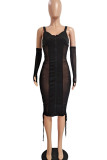 Deep Blue Sexy Solid Patchwork See-through Zipper Spaghetti Strap One Step Skirt Dresses