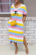 Pink Fashion Casual Striped Letter V Neck Straight Dresses