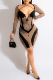 Brown Fashion Casual Print Patchwork V Neck Long Sleeve Dresses