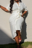 White Casual Solid Patchwork Turndown Collar Shirt Dress Dresses