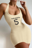Apricot Sexy Casual Print Backless U Neck Sleeveless Dress