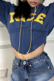 Navy Blue Casual Street Solid Embroidered Bandage Patchwork Asymmetrical Hooded Collar Tops