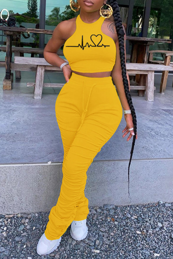 Yellow Casual Sportswear Print Patchwork Fold O Neck Sleeveless Two Pieces