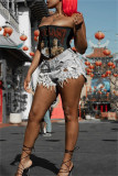 Black Fashion Sexy Print Patchwork Backless Strapless Tops