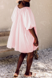 Pink Casual Plaid Patchwork V Neck Cake Skirt Dresses