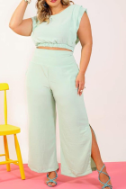 Mint green Casual Solid Split Joint O Neck Plus Size Two Pieces